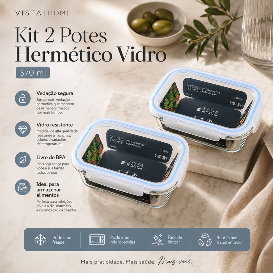 Kit 2 Potes Vidro Hermético Mantimentos 370ml Marmita forno Micro-ondas freezer