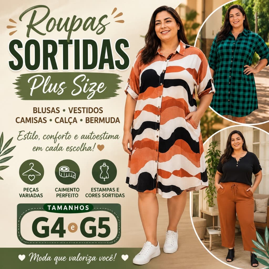 Kit 5 Peças de Roupas Feminina Plus Size Sortidas Blusa Bermuda Vestido Camisa Calça Diversas