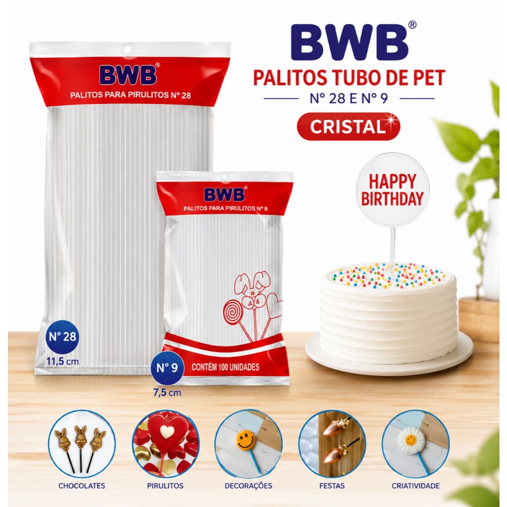 Palito Tubo Pet Pirulito Bwb 100 un N. 9 E 50 un N. 28 Cristal Tags Topo Topper Bolo Pop Cake
