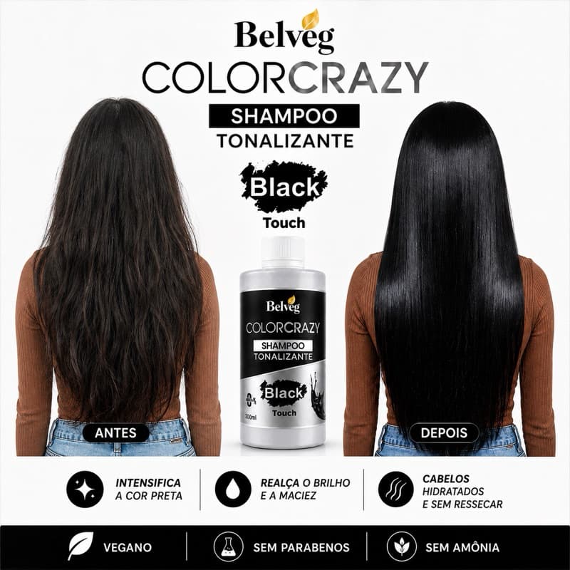 Shampoo  tonalizante preto, PRO sem amonea, Belveg Escurece, evidencia a cor e ilumina o seu preto com Brilho.