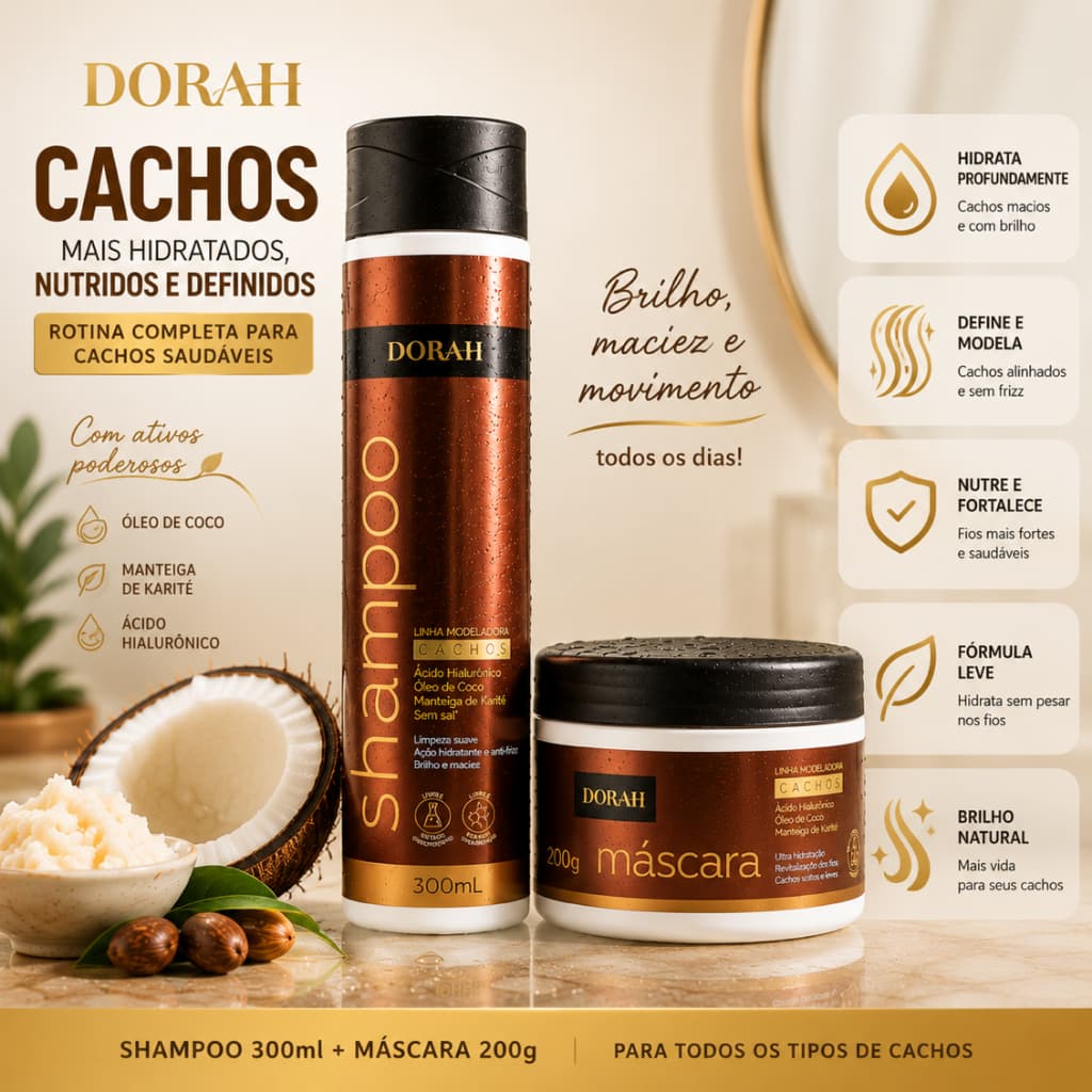 Kit Shampoo + Máscara Dorah Cachos - Hidratação Anti-Frizz Coco e Karité