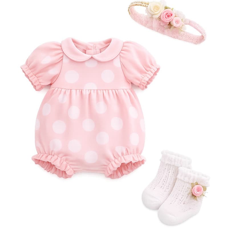 Kit Roupinha boneca Bebê Reborn prematura 30 a 34cm | Macacão + Body + Faixa de Strass + Meias | Menina SONHO ROSA