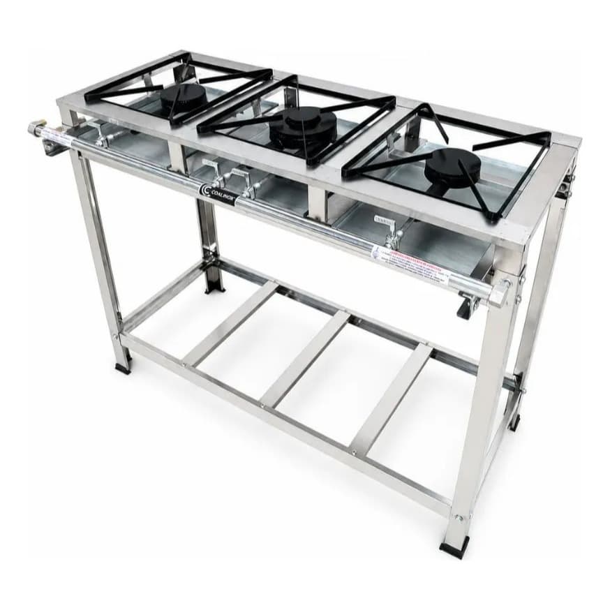 Fogão Inox Industrial 3 Bocas Baixa Pressão 2Qs 1Qd Grelha Aço 30x30 Reforçado