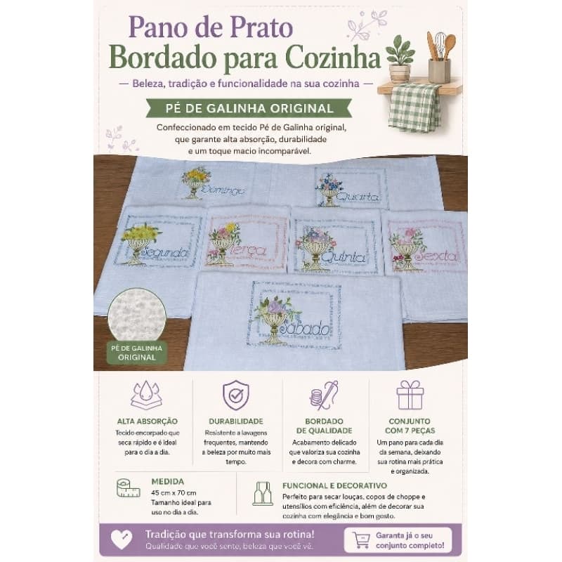 Kit pano de prato bordado semaninha com 7 unidade pé de galinha
