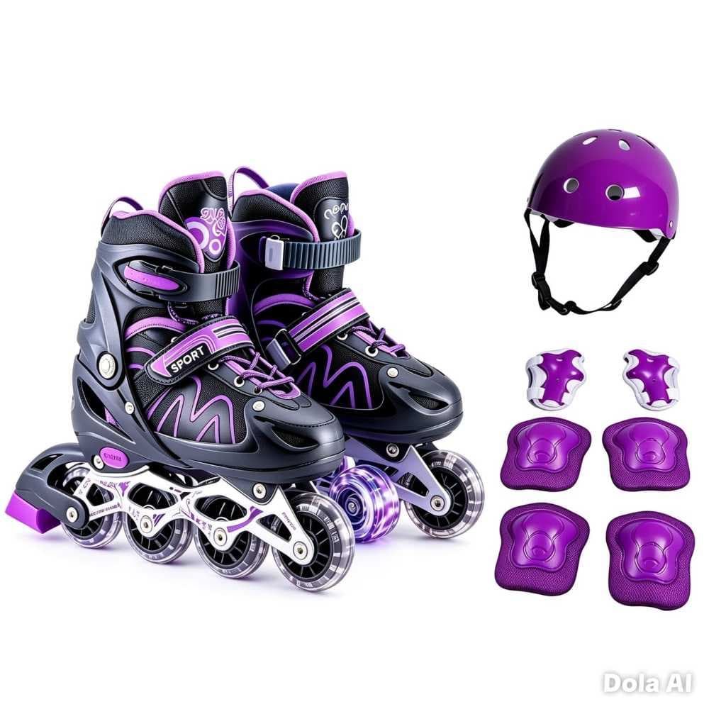 Patins Roller Infantil 4 Rodas Inline Preto/Roxo Com Led + Kit