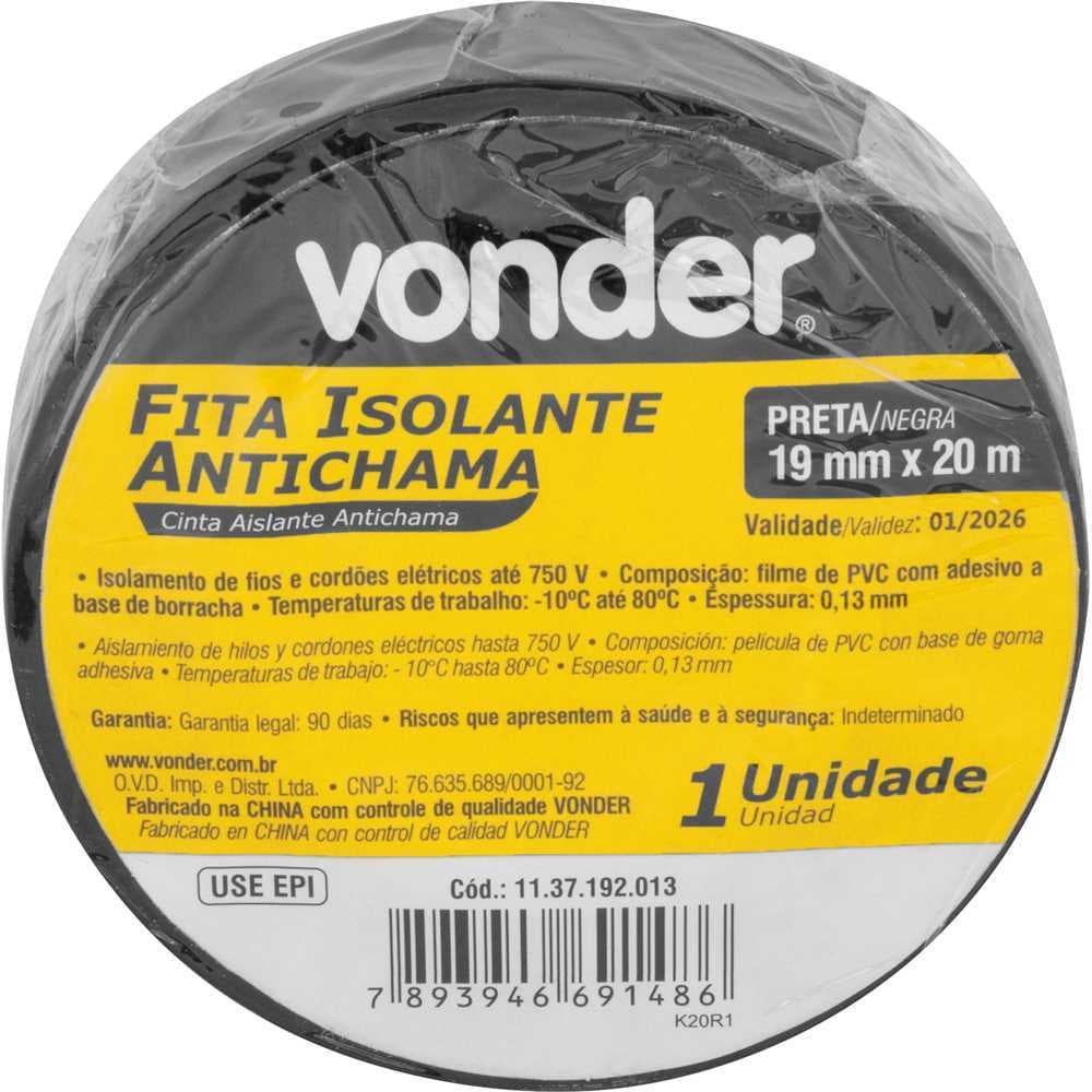 Fita Isolante Preta Vonder 19mm x 20m - Resistente ao Fogo e Versátil