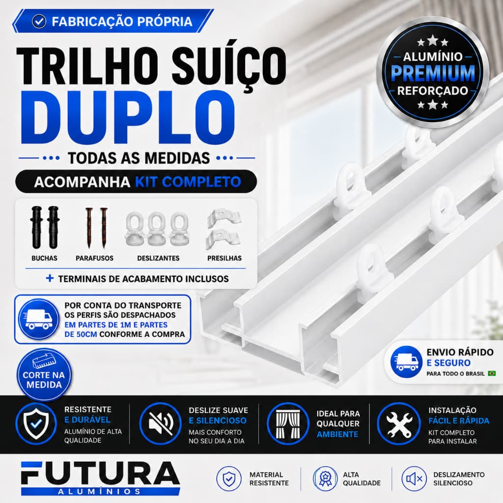 Trilho Suíço Duplo Alumínio Branco Completo Para Cortina Kit Reforçado Premium