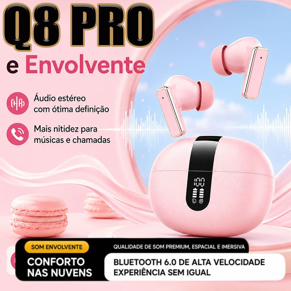Fone Bluetooth Q8 PRO TWS Sem Fio com Microfone, Visor Digital de Bateria e Longa Duração