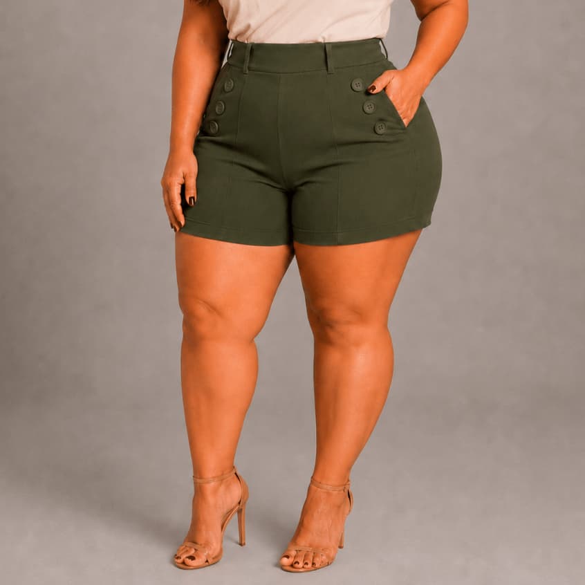 Shorts Social Plus Size Feminina Com 6 Botões Cintura Alta Alfaiataria Tecido Bengaline 42 ao 52