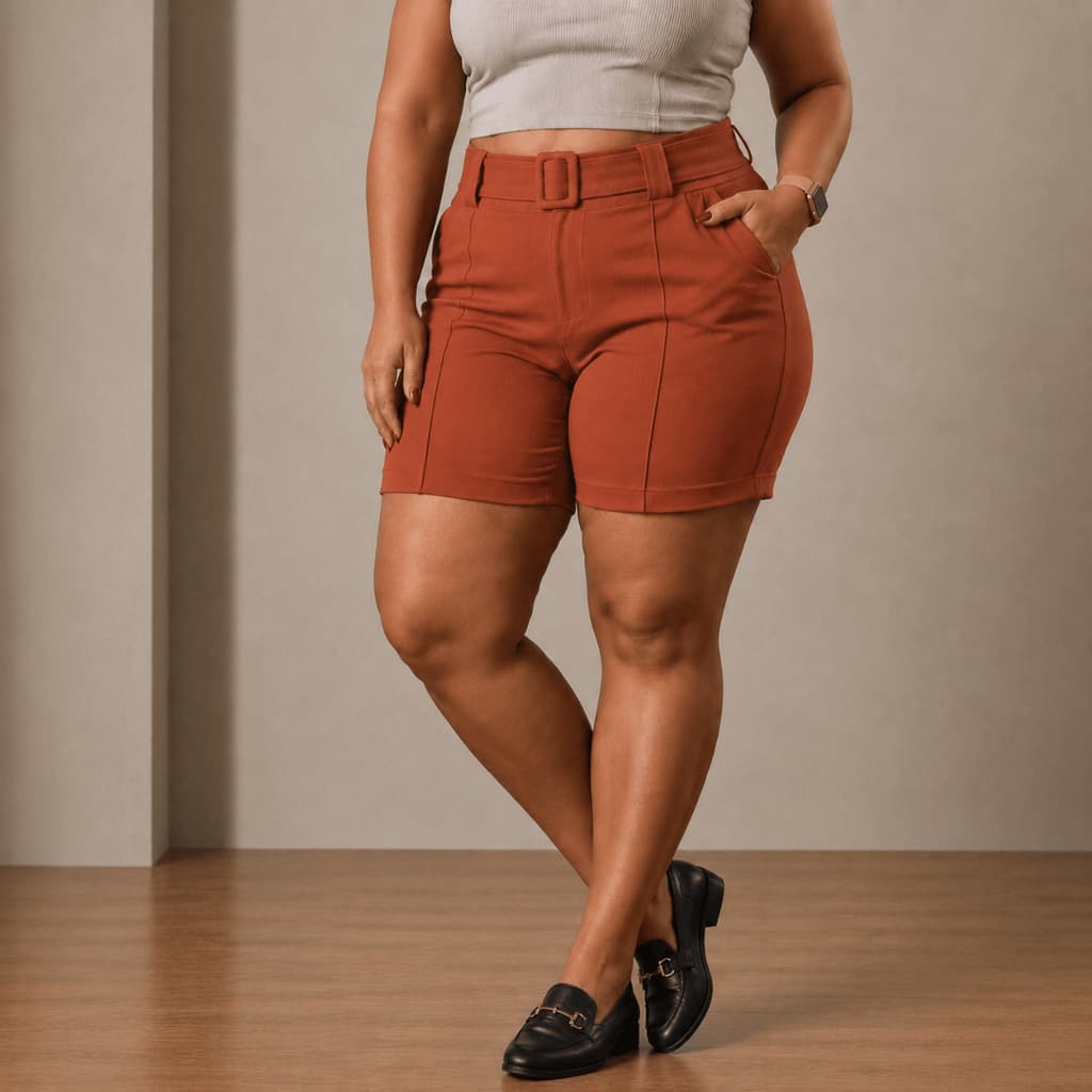 Shorts Social Plus Size Feminina Com Cinto Fivela Cintura Alta Alfaiataria Tecido Bengaline 42 ao 52
