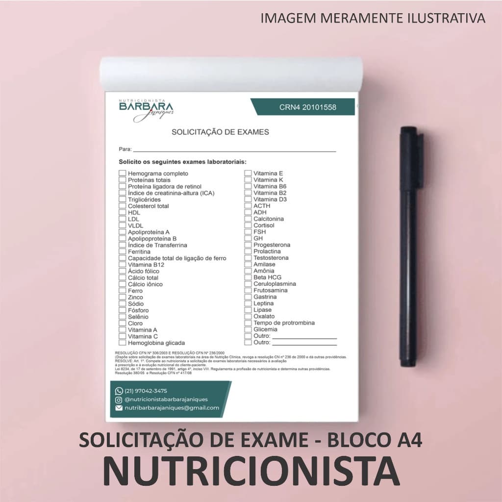 Bloco solicitação de exame nutricionista , bloco A4 (21x29,7cm) Personalizado somente frente50/100 folhas