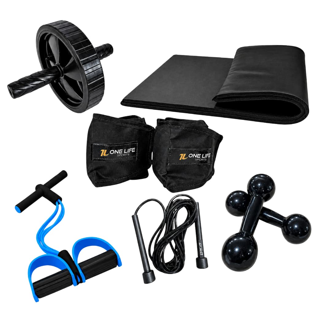 Kit Treino Funcional Completo Caneleira 3kg Halter 1kg Colchonete Roda Extensor Corda Academia