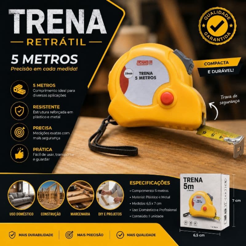 Trena Retrátil 5 Metros – Precisão e Praticidade para o Dia a Dia!