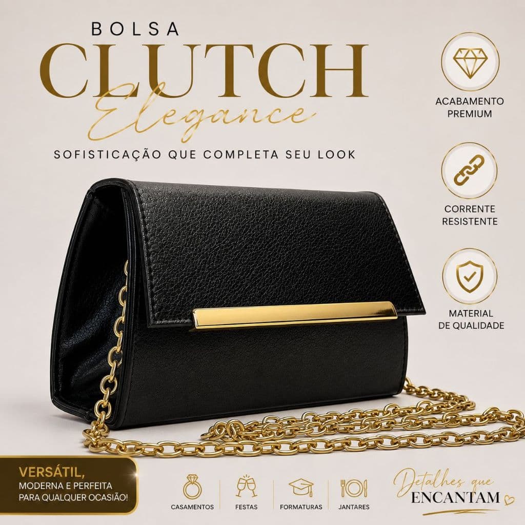 Bolsa Clutch Feminina Elegante Festa Casamento Formatura Corrente Dourada Luxo