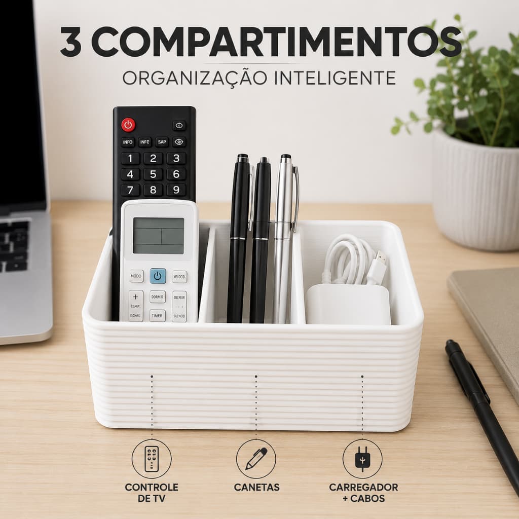 Organizador de Mesa Branco Porta Objetos Porta Canetas Escritório Multiuso 3 Compartimentos em 3D