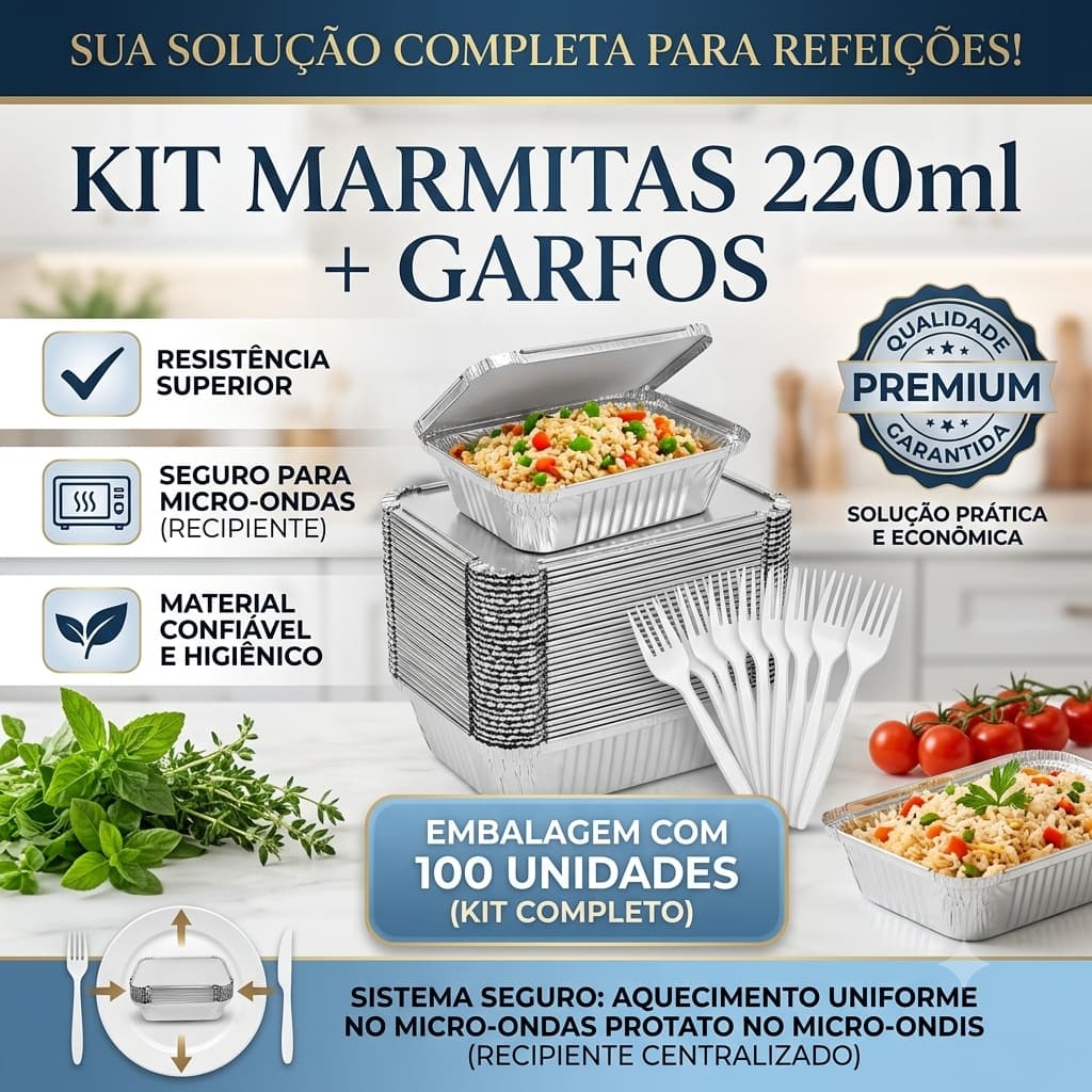 Kit Marmitinhas Marmitex M90 de Alumínio Descartável 220ml + Garfos Sobremesa - 100 Unid