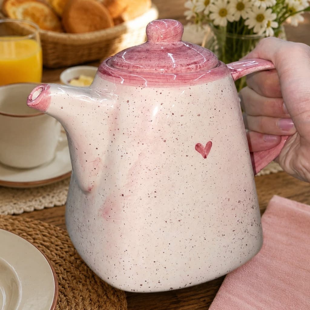 Chaleira Bule De Chá Café Rosa Coração Feito em Cerâmica Decorado Pintado a Mão