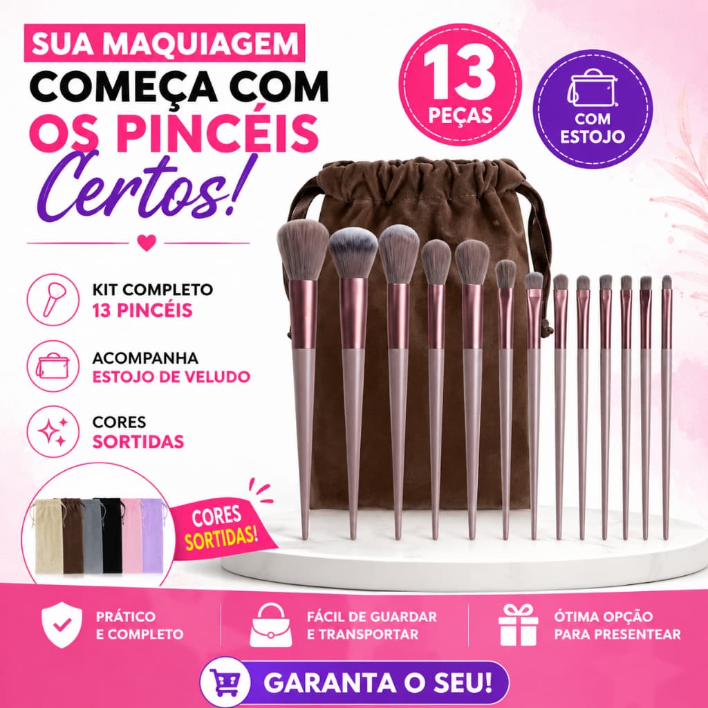 Kit Pincéis de Maquiagem 13 Peças Com Bolsa de Veludo Cerdas Macias Profissional Para Base Pó Blush