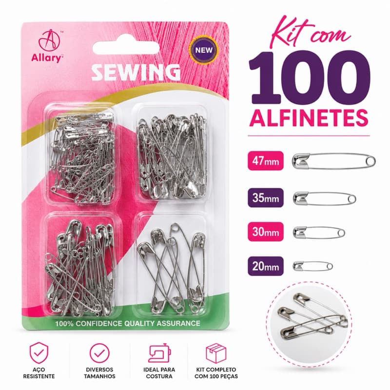 Kit com 100 Alfinetes de Segurança Sortidos – 4 medidas para Costura e Artesanato
