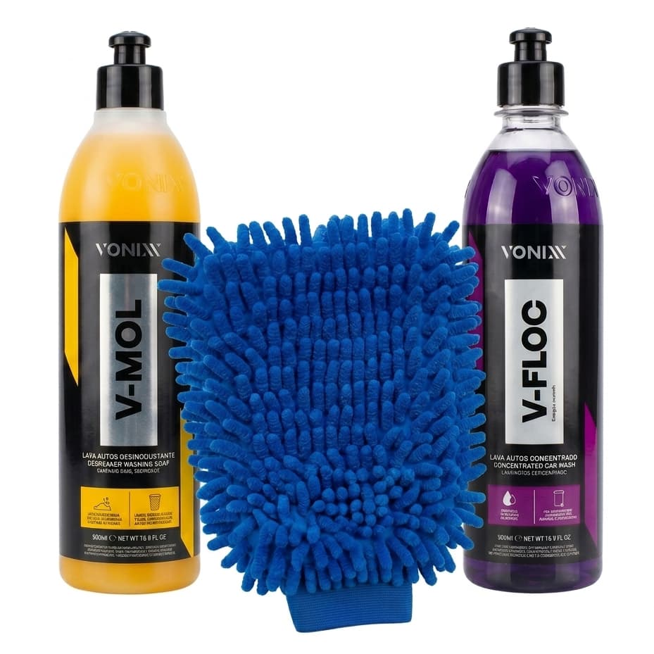 Kit Vonixx V-Mol + V-Flox + Luva Microfibra Para Lavar Carro e Moto Shampoo Automotivo