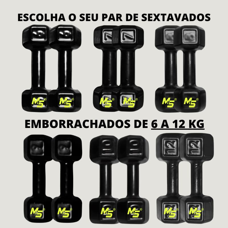 Par Halter Sextavado Emborrachado - 6 Kg a 12 Kg / Treino Musculação Peso Academia Fortalecimento Muscular C/ 2 Un