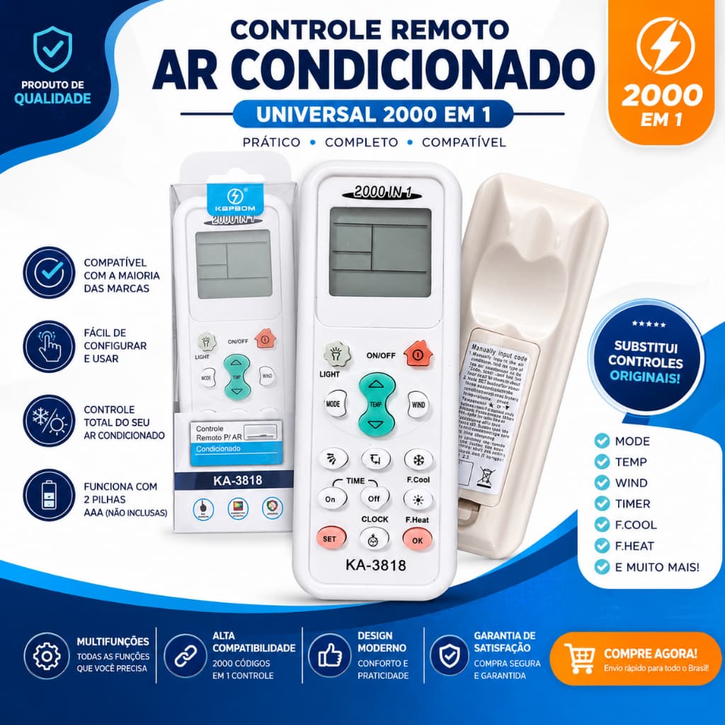 Controle Remoto Para Ar Condicionado 2000 em 1 Universal Kapbom KA-3818