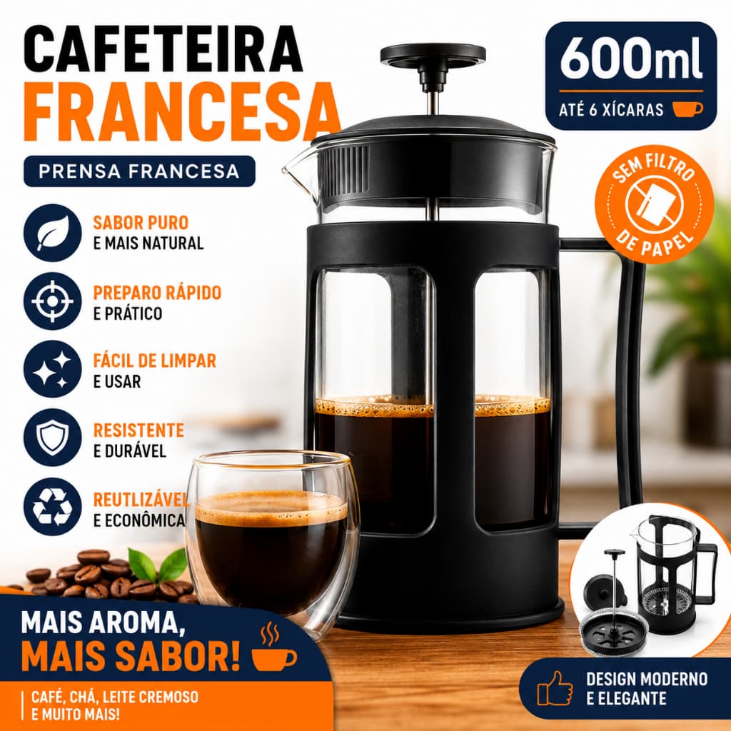 Cafeteira Prensa Francesa 600ml Premium Filtro Inox Reutilizável Café Chá Espumador de Leite - MN