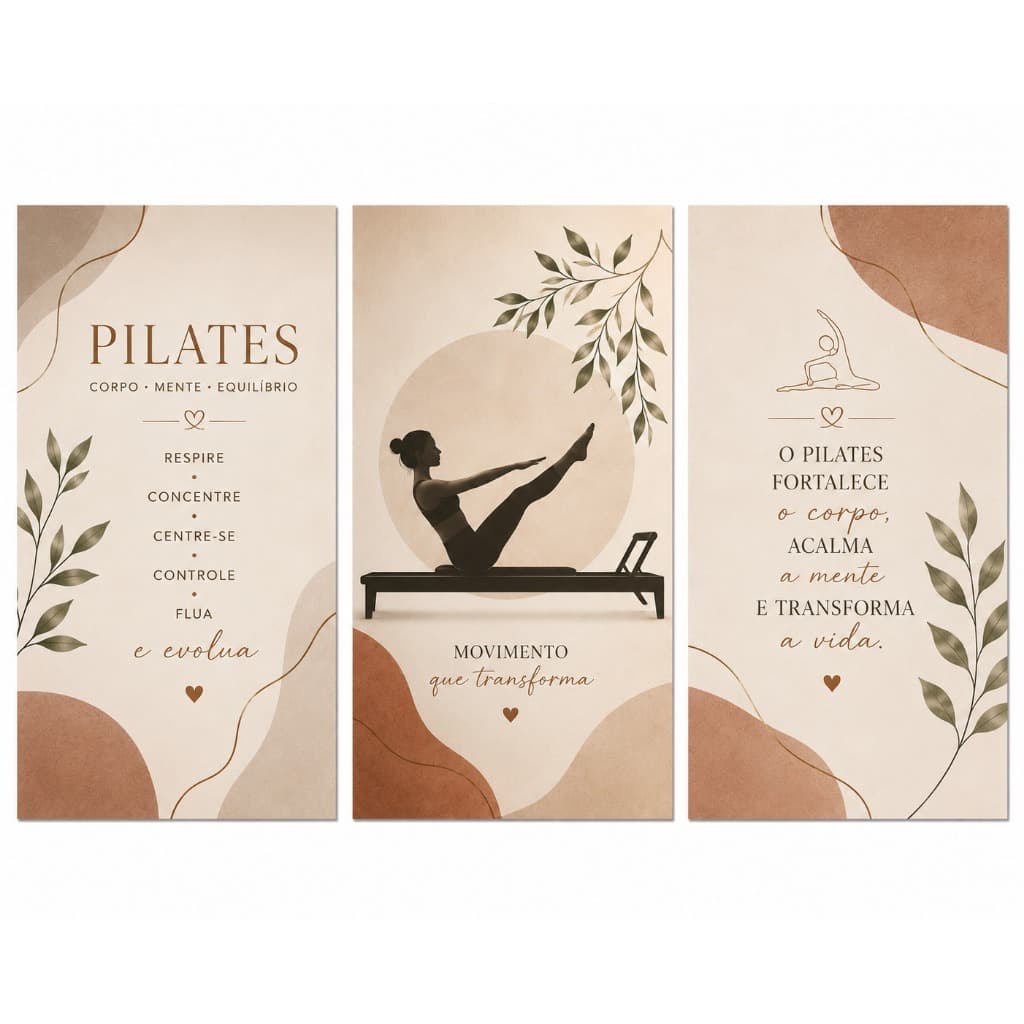 Kit 3 Quadros Pilates Decorativo Estúdio Academia Fisioterapia Consultório