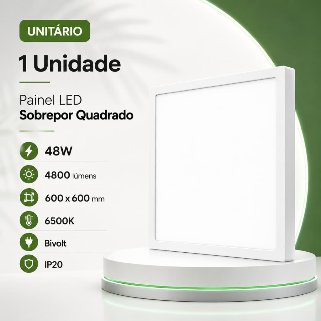 Painel LED Sobrepor Quadrado 48W 600x600mm 4800 Lúmens EnergyLED Plafon Luminária Teto
