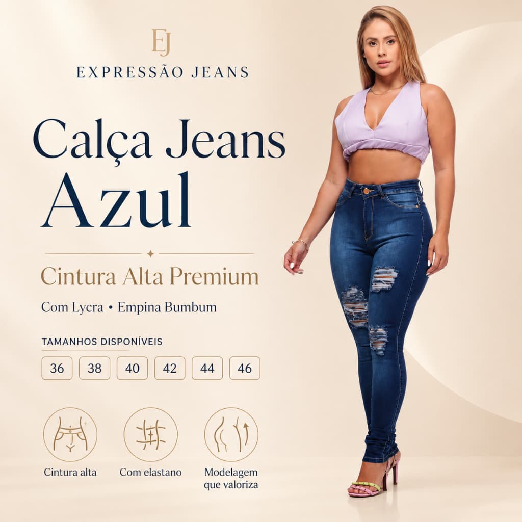 Calca Jeans Feminina Cintura Alta Com Lycra ( Elastano) Empina Bumbum Calça Jean Azul