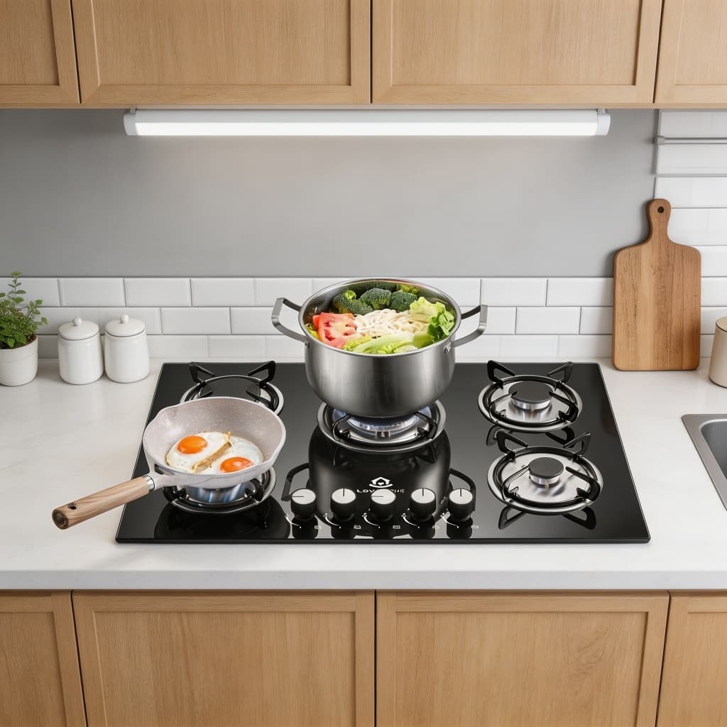Cooktop a Gás Love Home 5 Bocas com Queimador Ultra Chama, Mesa de Vidro Preto