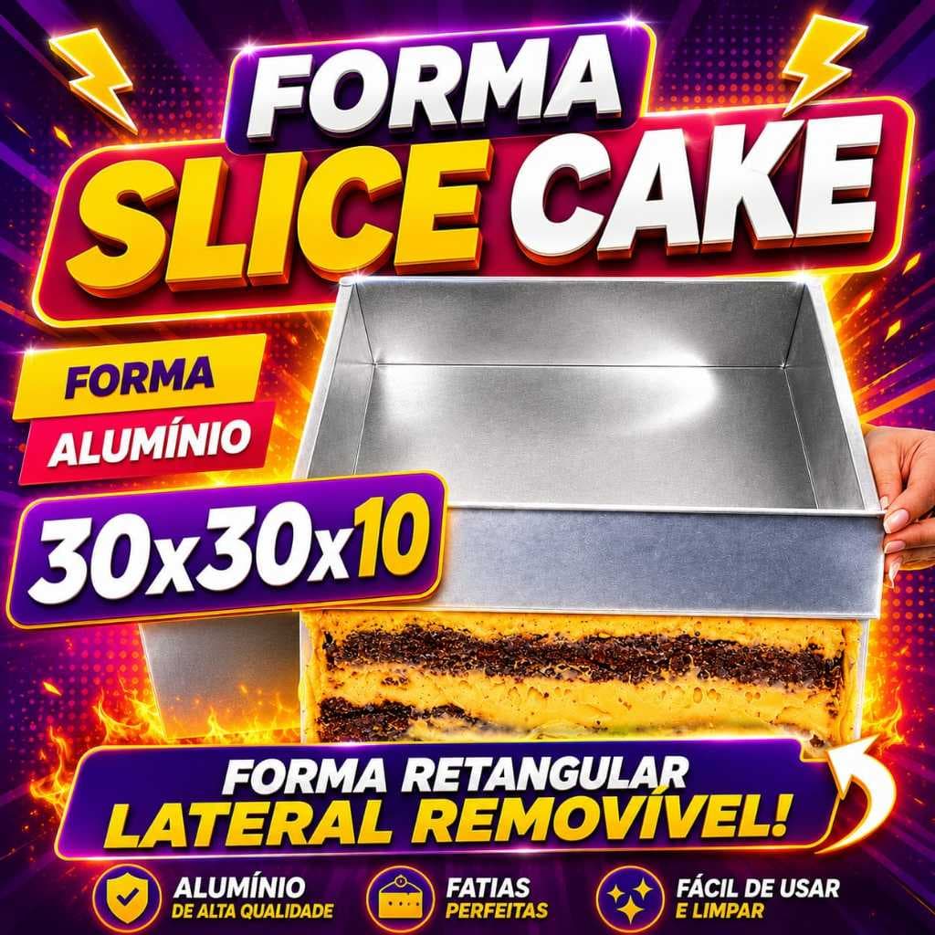 Forma Slice Cake Quadrada Alumínio 1 Lateral Removível  30x 30x10 Kit Forma de Bolo