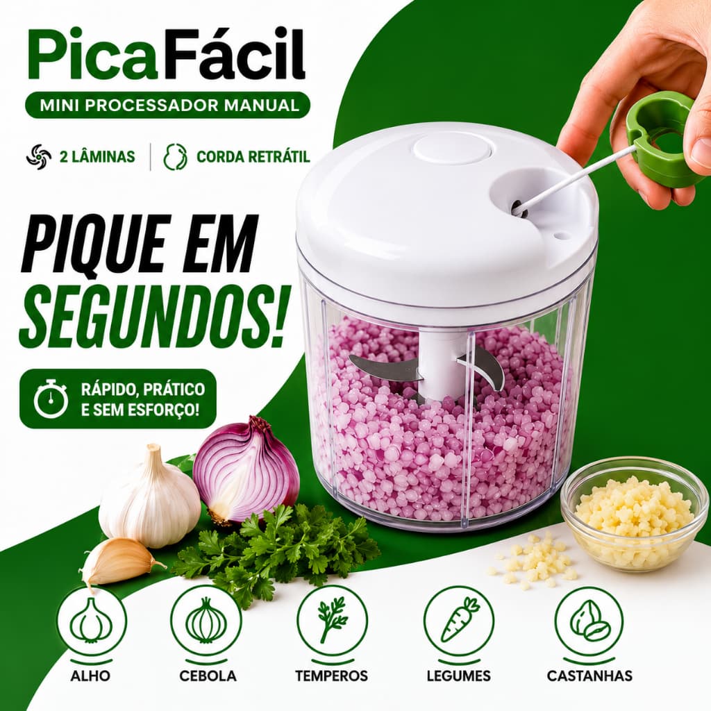 Mini Processador Manual 2 Lâminas Corda Retrátil Pica Alho Cebola Temperos
