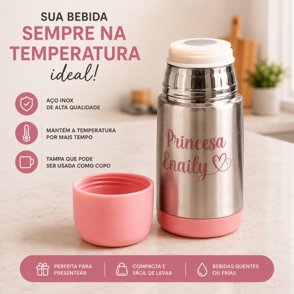 Mini Garrafa Térmica Personalizada 250ml – Inox com Tampa Xícara e Acabamento Degradê