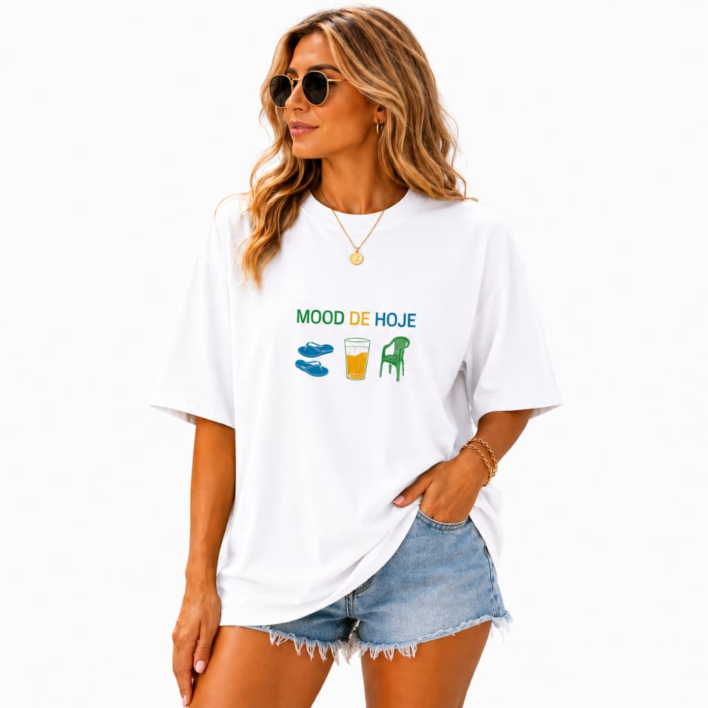 Camiseta Oversized Feminina 100% Algodão Estampa Mood de Hoje Casual Streetwear