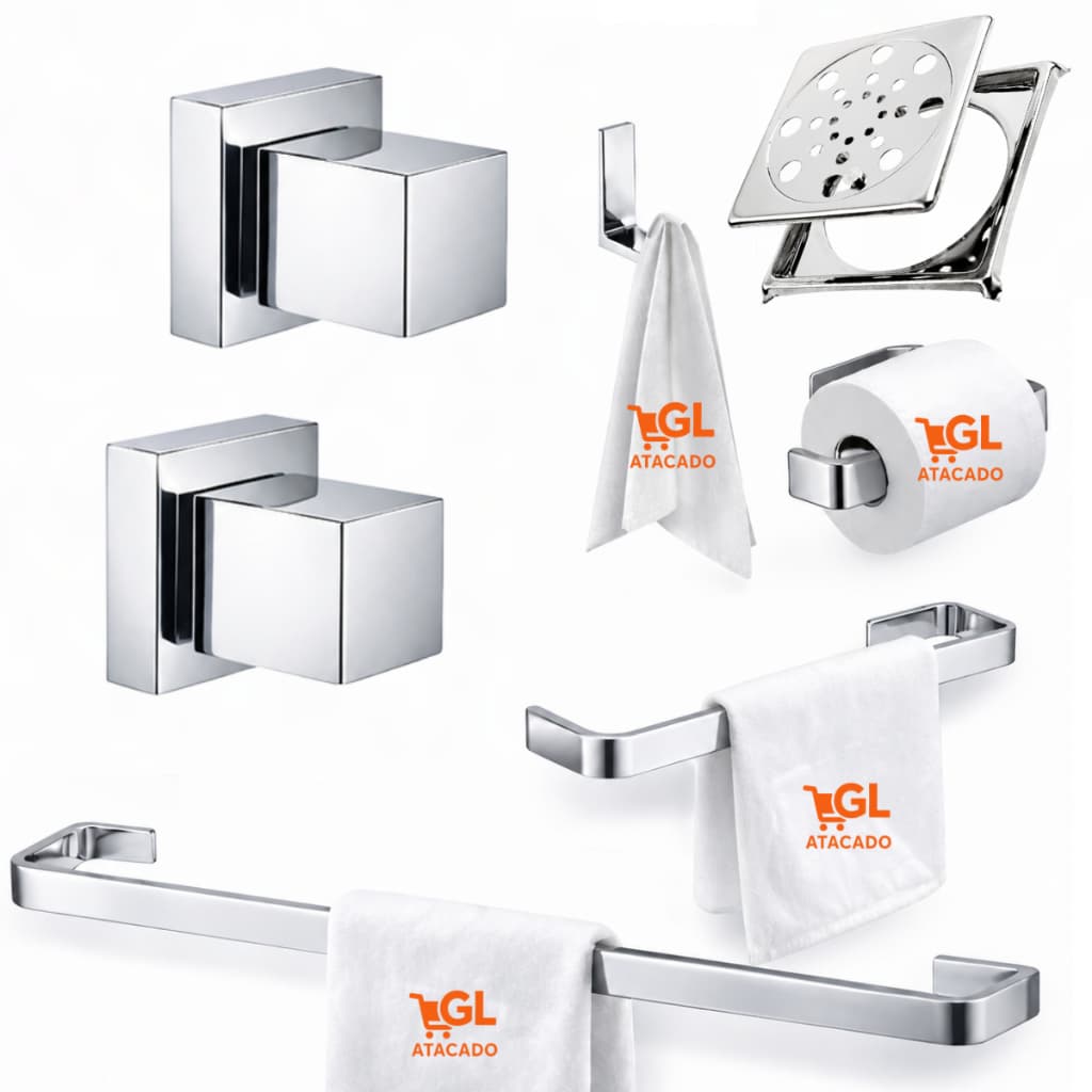Kit Banheiro Completo 7 Peças Cromado Luxo Porta Papel Toalheiro Cabide Ralo Inox Acabamento Registro Quadrado