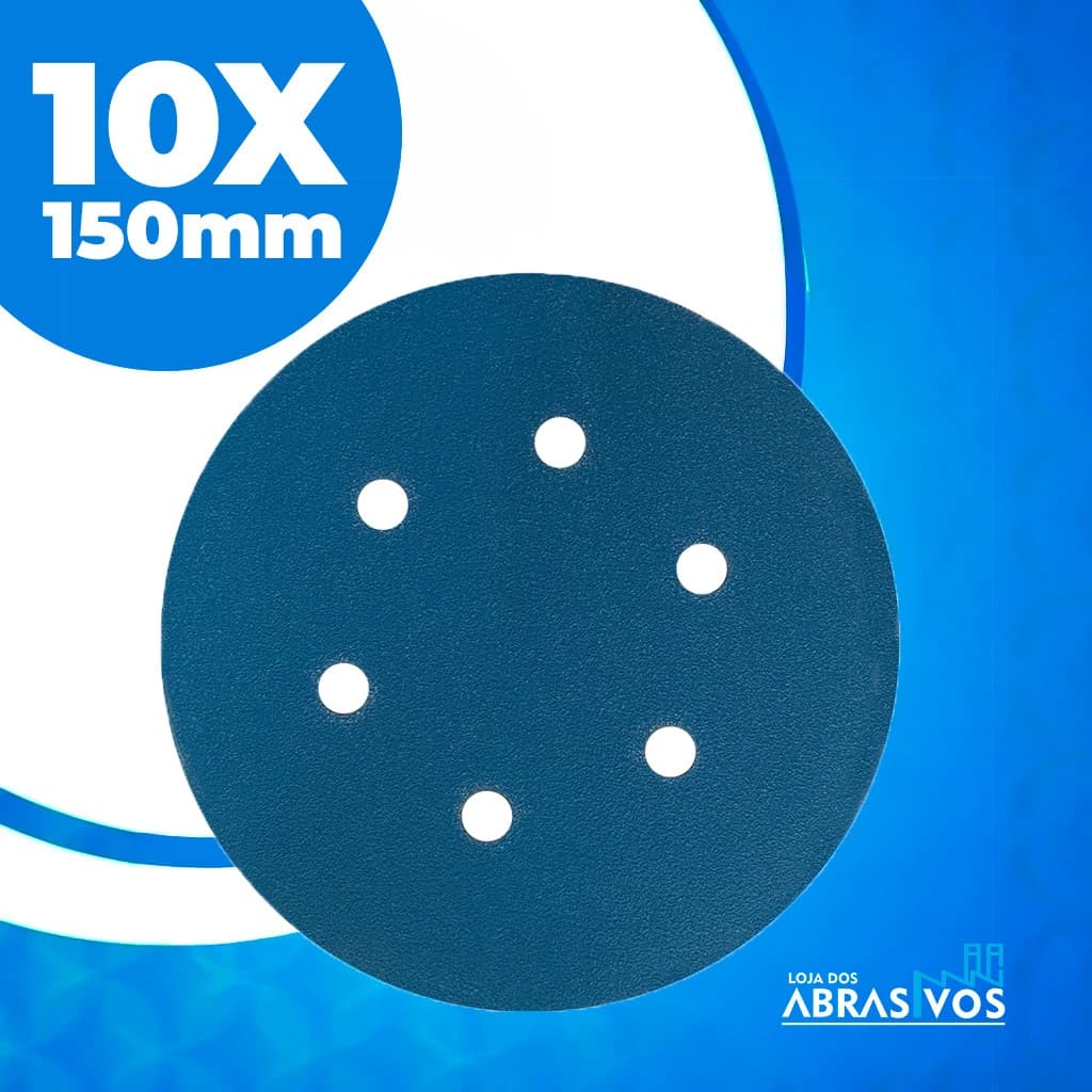 Disco Lixa velcro Hookit 6 Pol. 150mm 6 furos orbital Vários Grãos Kit 10 Peças polimento