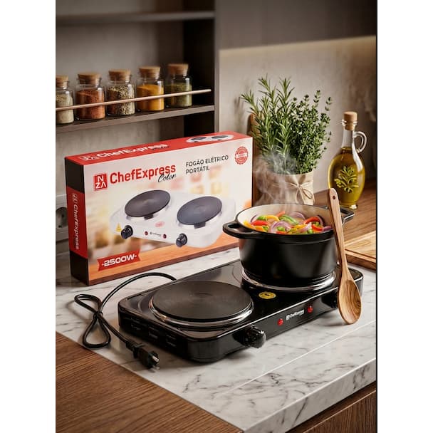 Fogão Cooktop Elétrico 2 Bocas 2500w Portátil Elétrico Mesa Preto