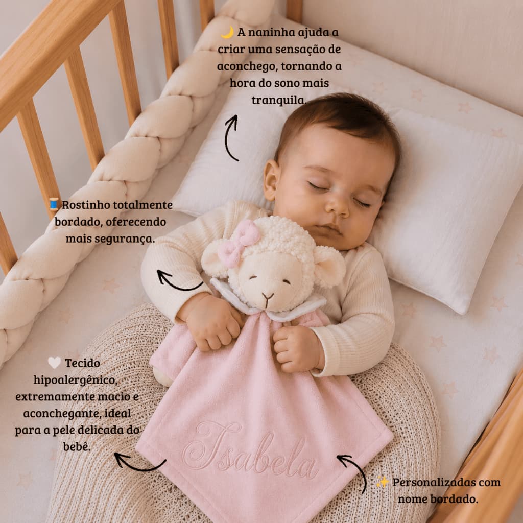 Naninha de Ovelhinha para bebê personalizada com nome - Hipoalergênico, Suave, Macia e Segura.