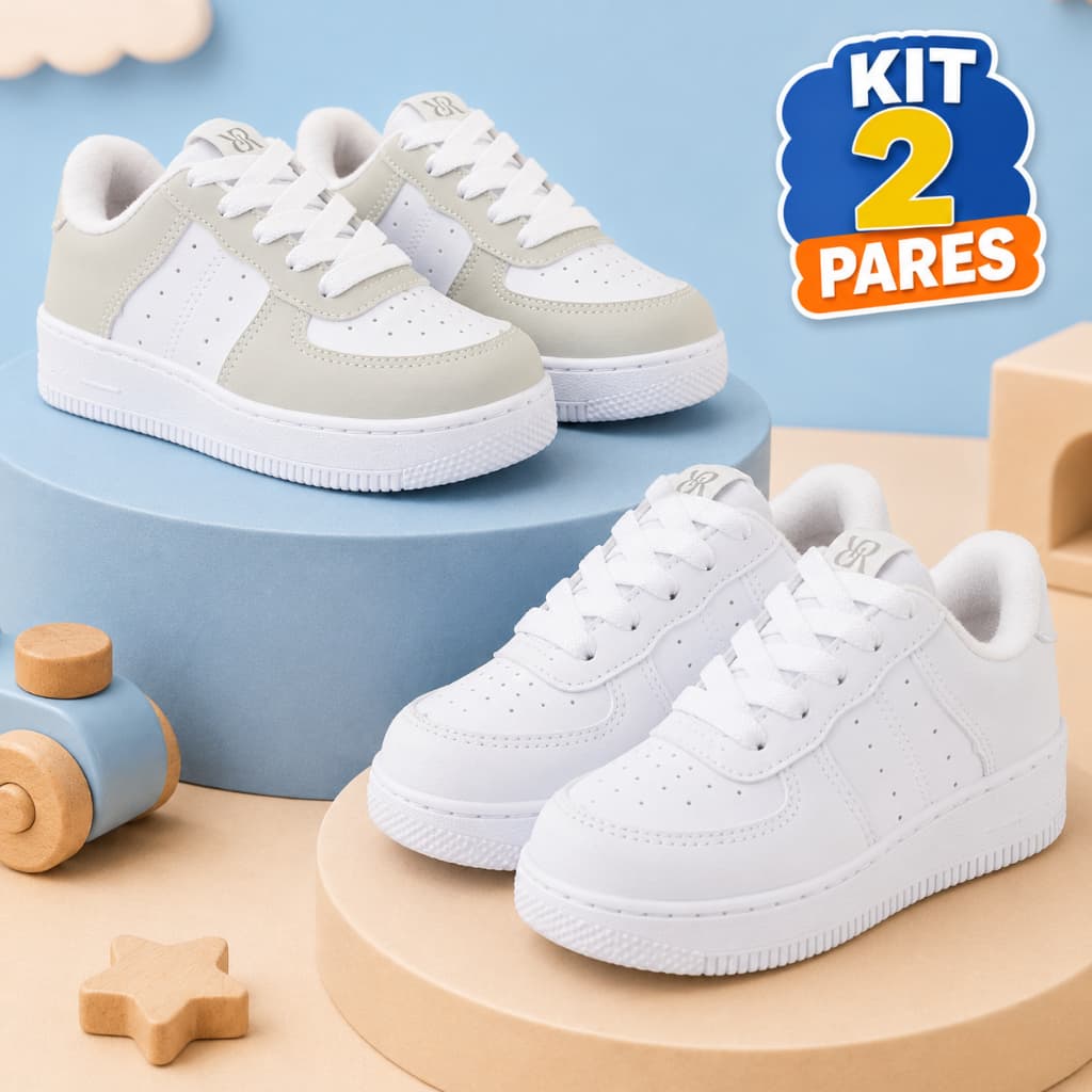 Kit Tênis infantil masculino e feminino Branco + Cinza branco confortavel sola resistente