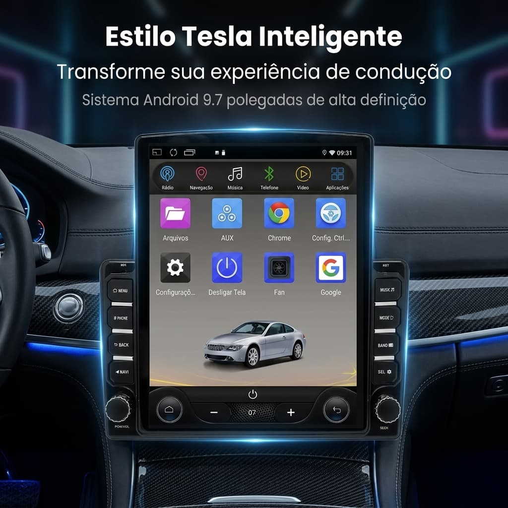 Central Multimídia Android 9.7" 2DIN Tesla Quad-Core 2GB RAM + 32GB ROM | Wireless CarPlay | Wireless Android Auto