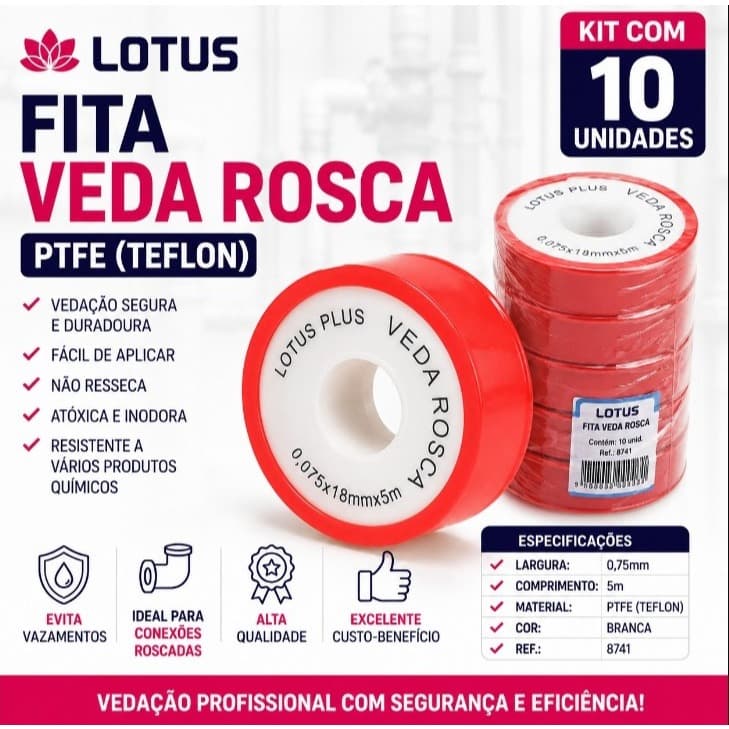 KIT 10 Unidades De Fita Veda Rosca 0,75mm x 5m | 8741