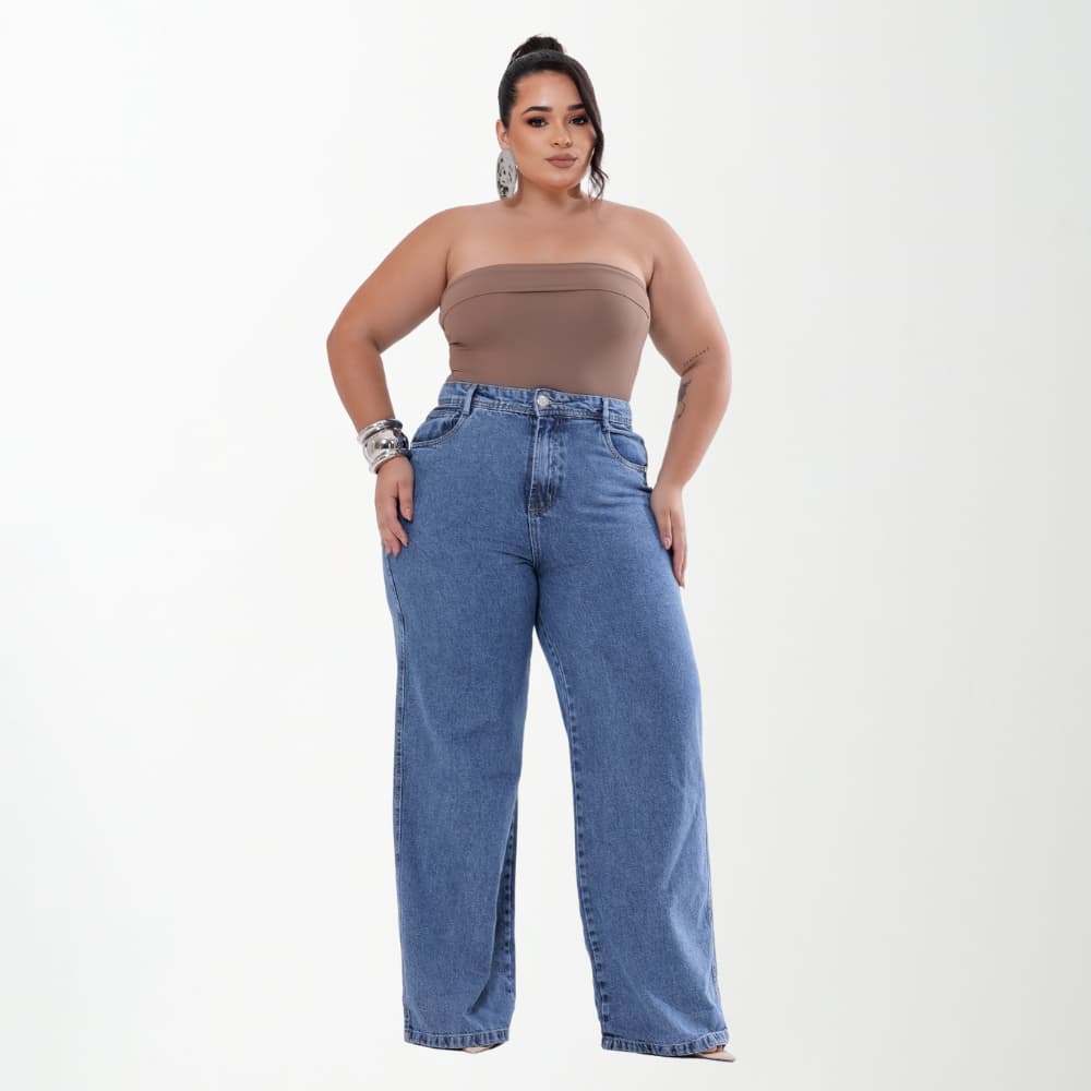Calça Jeans Feminina Wide leg Plus Size Azul Marmorizado Cintura Alta Moda