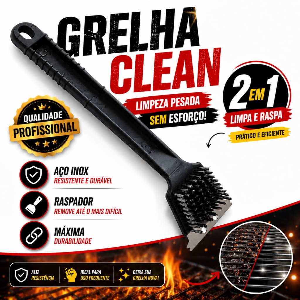 Escova Limpa Grelha Churrasqueira com Cerdas de Aço e Raspador de 30cm