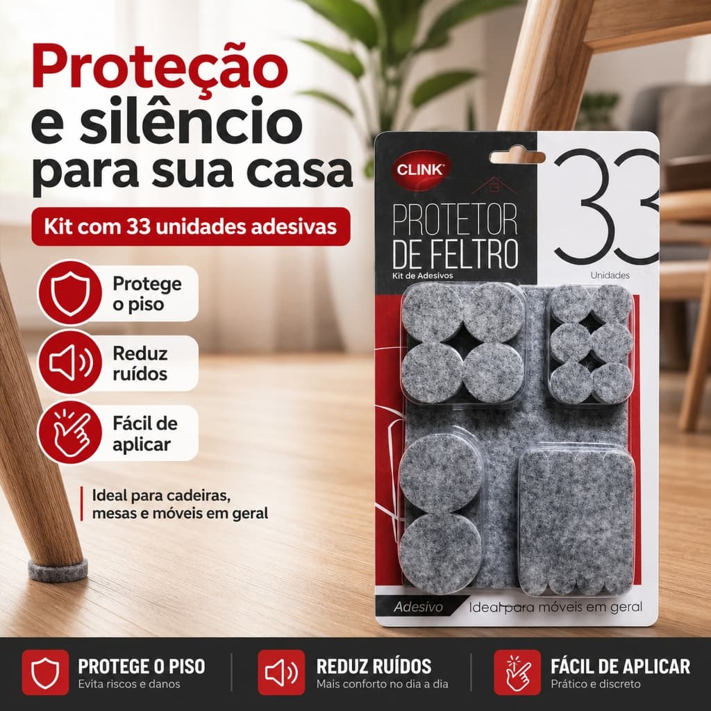 Feltro Adesivo Anti-Risco Protetor Para Pés de Móveis - Cadeira, Mesa e Sofá - 33 Unidades Clink