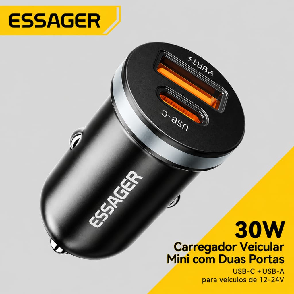 Carregador de Carro Veicular Turbo Essager 30W porta USB + porta Tipo-C Preto com Carga Rápida e Porta Dupla