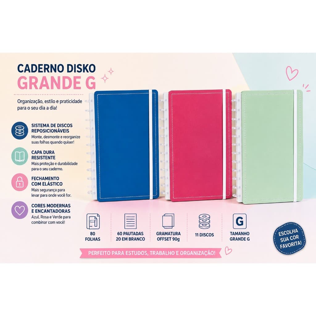 Caderno Disko Grande G Capa Dura Disco Reposicionável Escolar 3 Cores