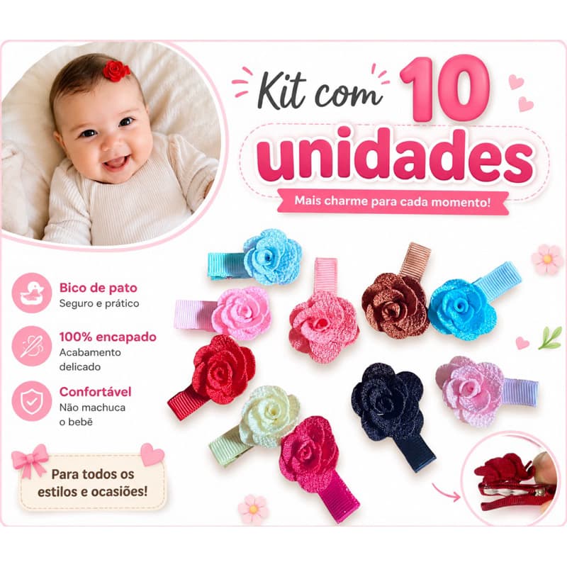 kit com 10 micro laço florzinha para bebês presilha toda forrada com borrachinha antideslizante