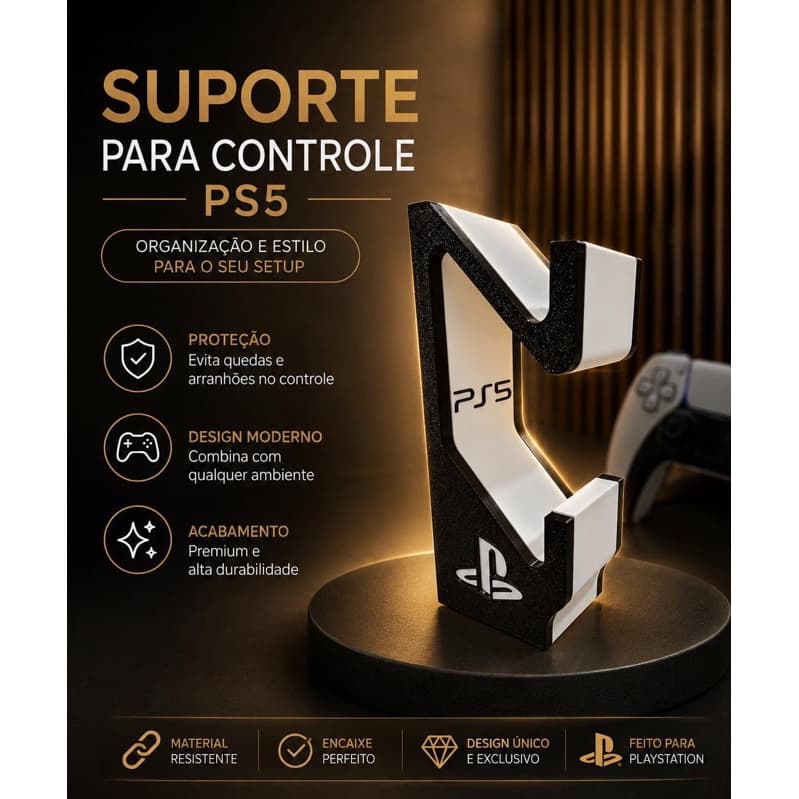 Suporte Controle PS5 Base de Mesa Impressão 3D Organizador Gamer Porta Controle PlayStation Resistente