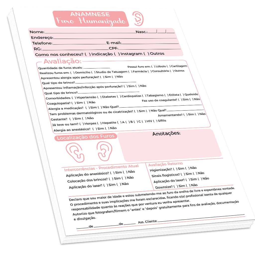 Ficha Bloco de Anamnese Furo Humanizado -100 folhas